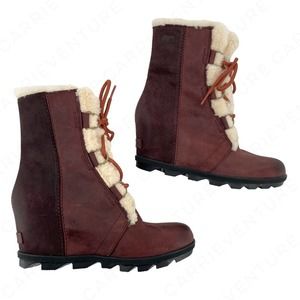 Sorel Joan of Arctic II Cattail Leather Suede Shearling Trim Wedge Mid Boots 9